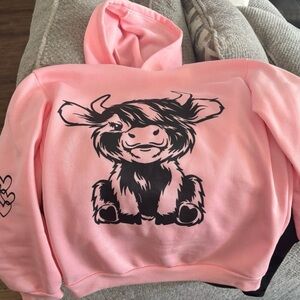 Pink Hoodie with Black Highland Cow Graphic